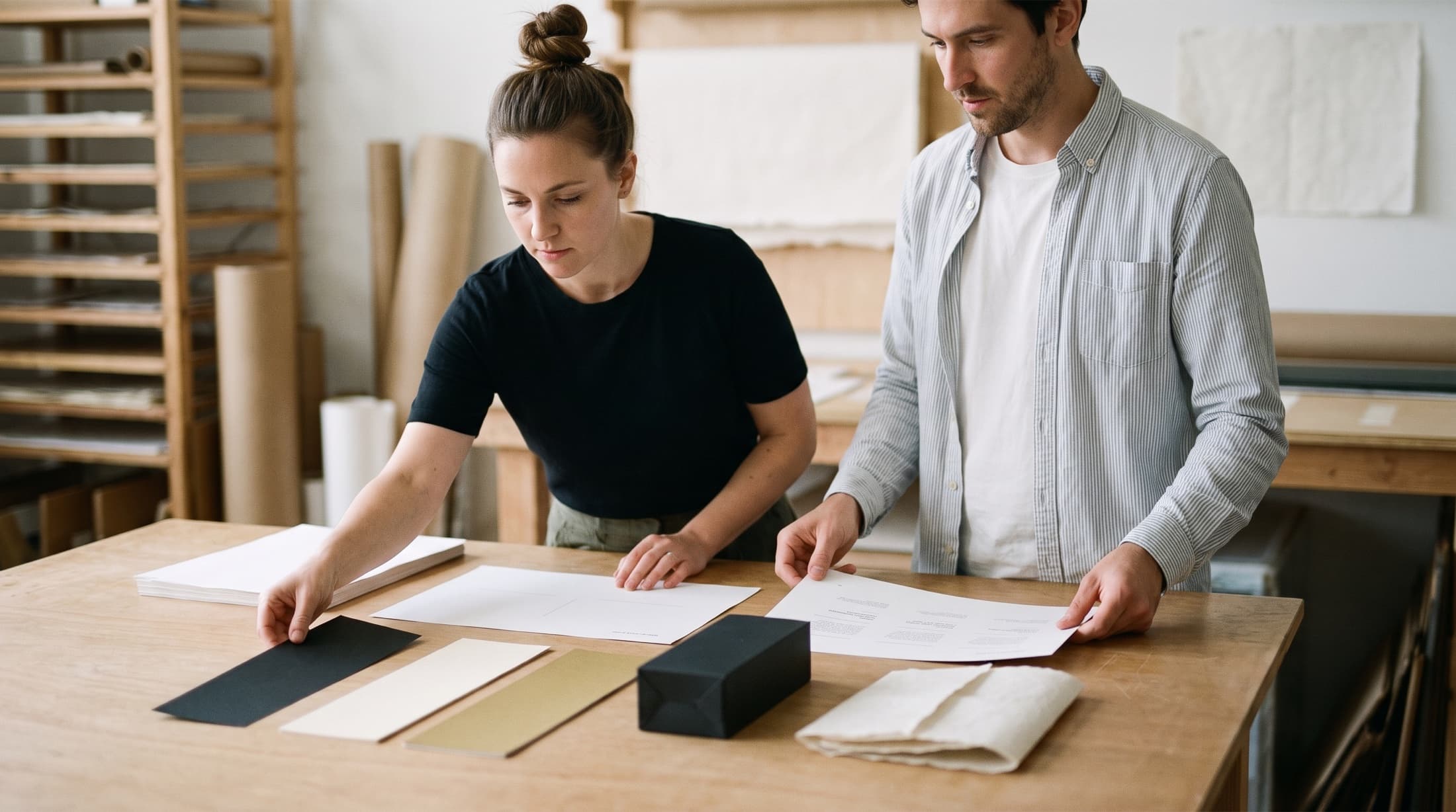 Two designers reviewing a brand identity system laid out on a studio table — colour swatch strips, typography sheets, a matte black carton and handmade paper.
