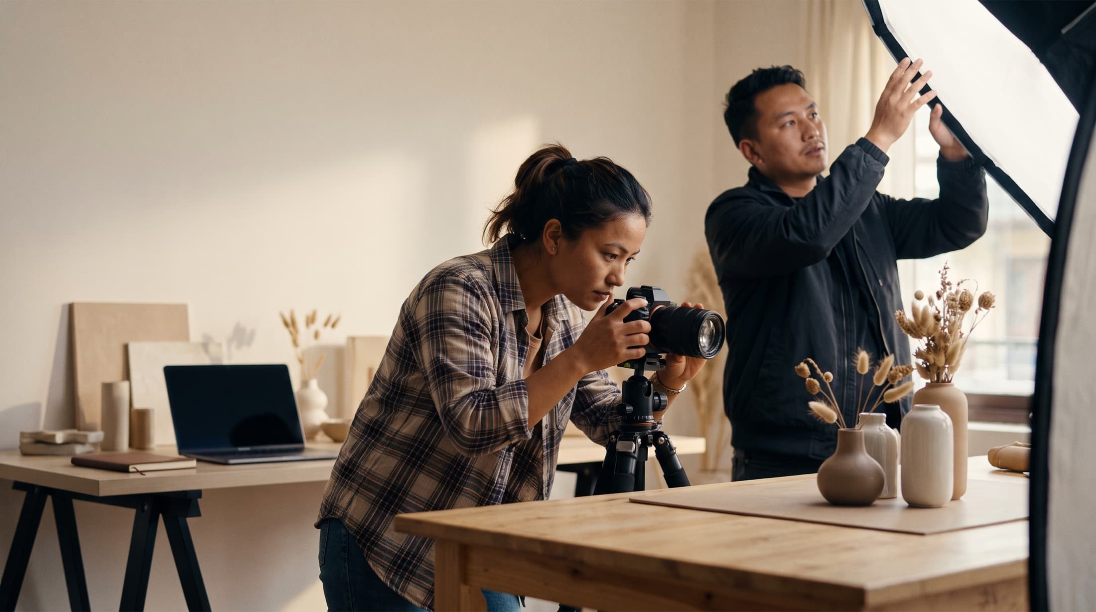 A photographer shooting a styled product arrangement while a colleague adjusts a softbox in a content production studio.