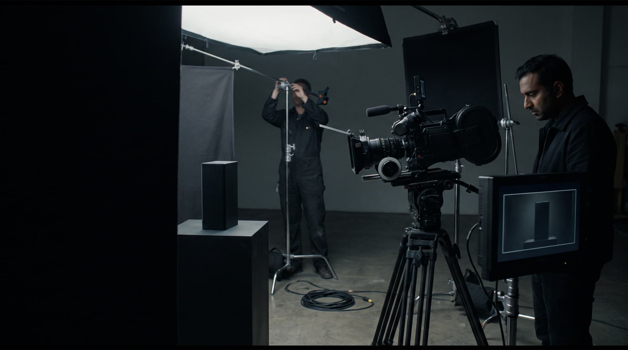 A film set with a cinema camera on a tripod, a director watching a monitor and a crew member adjusting a large diffused light.