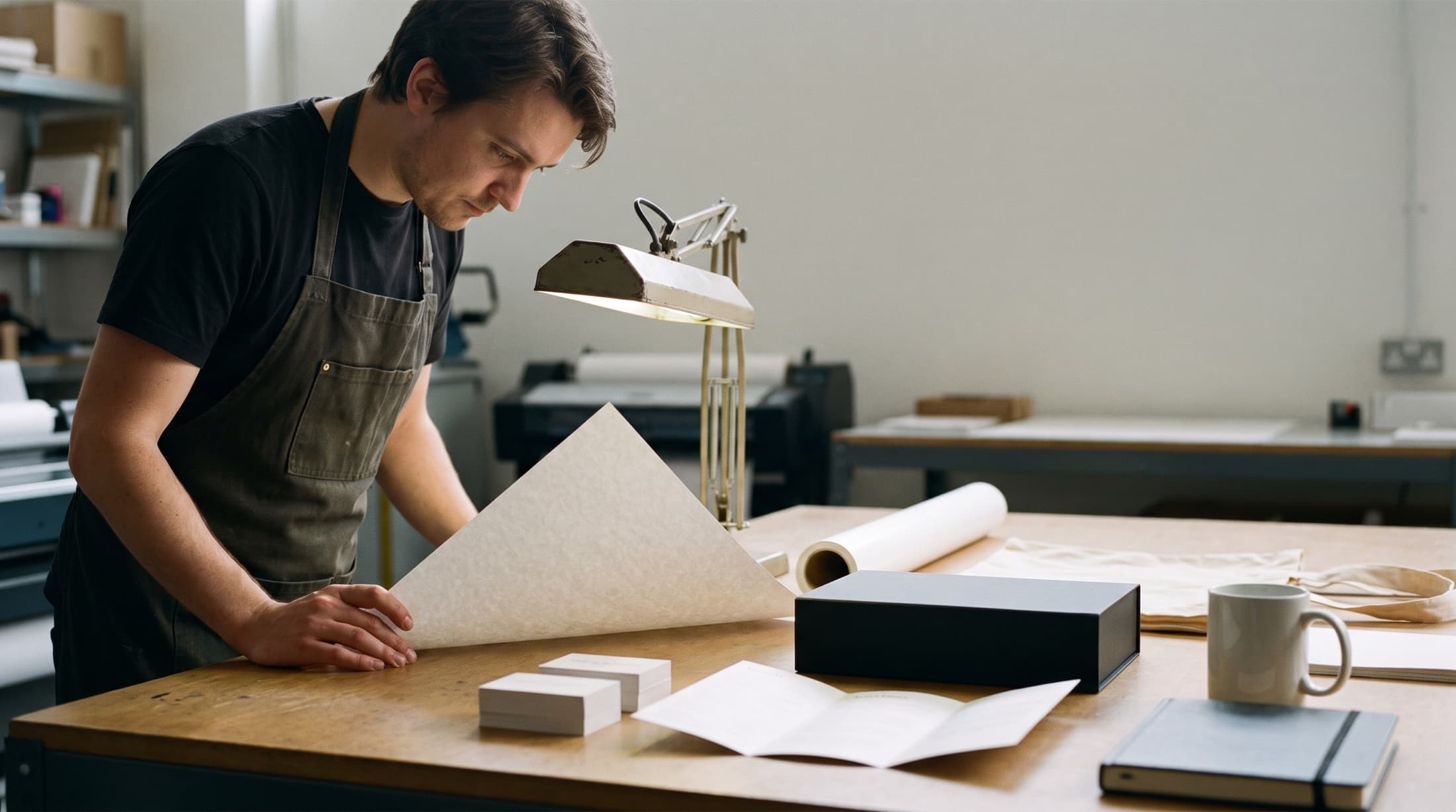 A print technician inspecting a large sheet under an angled lamp, with blank cards, a brochure, a rigid box, a tote and a mug laid out on the bench.