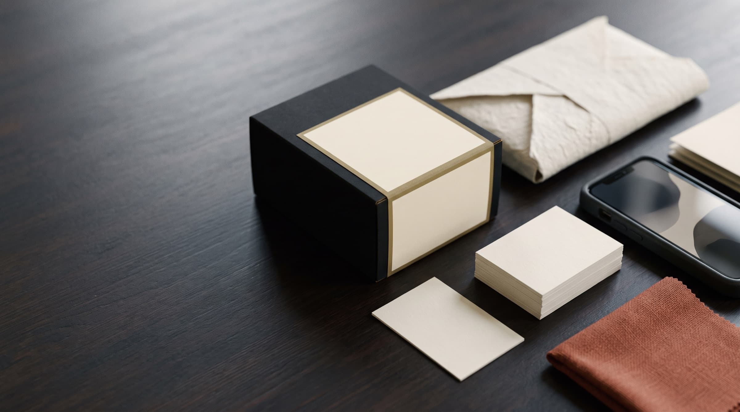 A coordinated brand system — packaging, printed cards, handmade paper and a device — arranged on a dark studio surface.