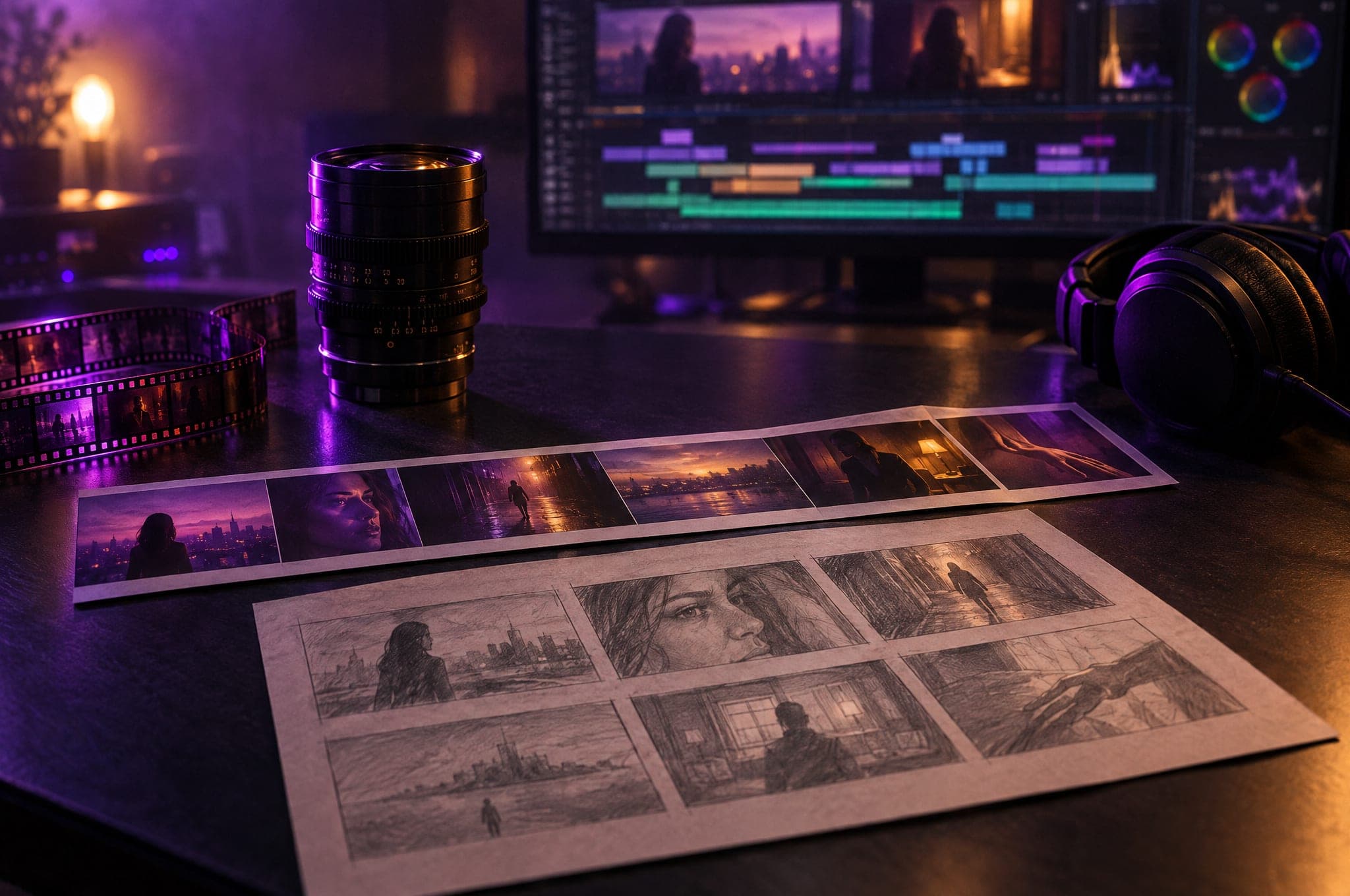 An edit suite in violet light: a pencil storyboard, a row of colour-graded film stills, a cinema lens and an editing timeline on screen.