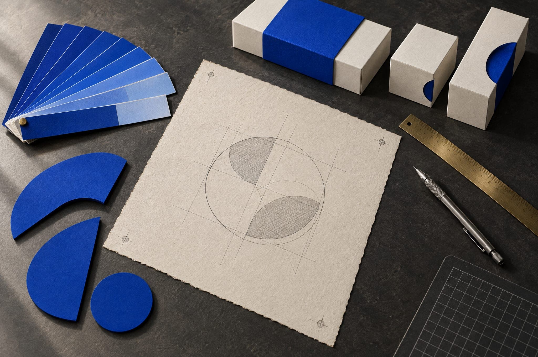 A brand mark being constructed in pencil on handmade paper, beside cobalt colour swatches, cut-paper shapes and packaging prototypes.