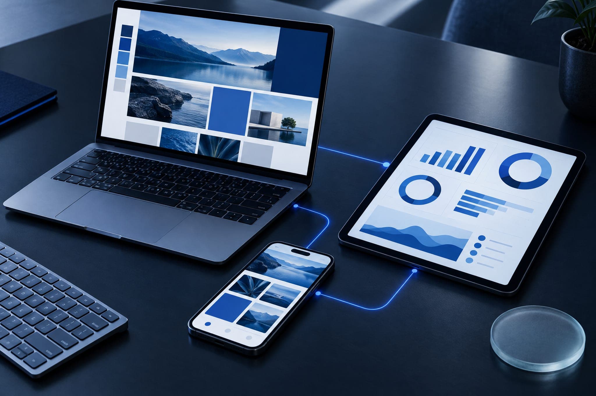 A connected product system on a navy desk: a laptop showing a website, a phone showing the matching app and a tablet dashboard, linked by thin blue light.