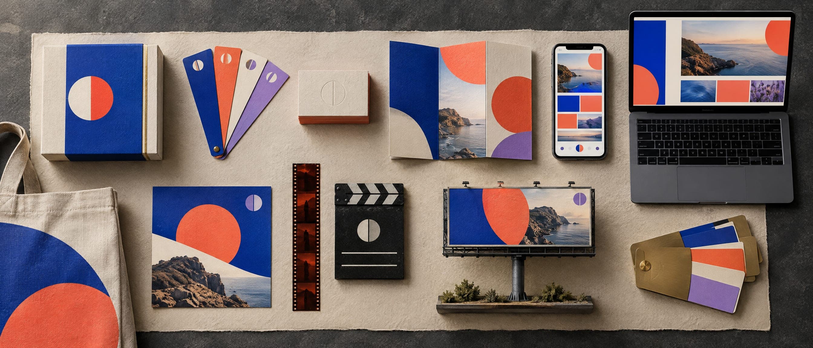 The same workbench as a finished brand system: cobalt and coral packaging, a matching website, phone app, social post, brochure, film slate and billboard.