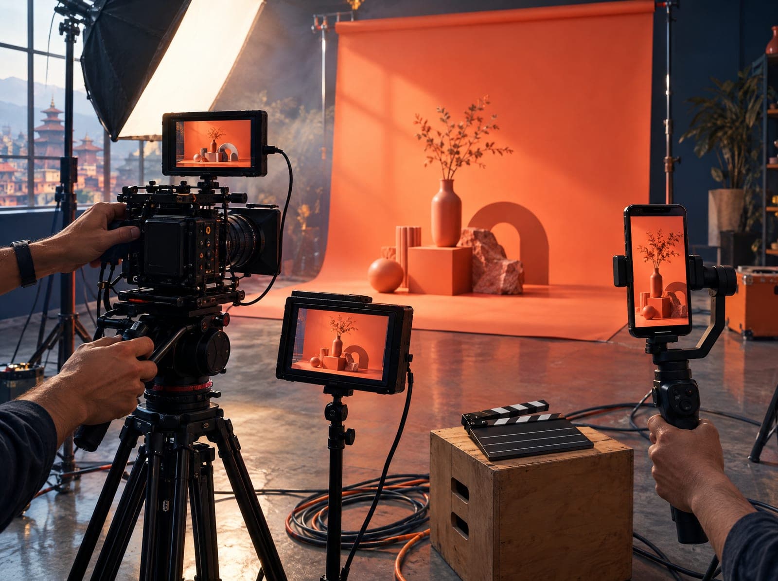 A video shoot in a Kathmandu studio: a cinema camera, a phone on a gimbal and a monitor all framing the same styled product set on a coral backdrop.