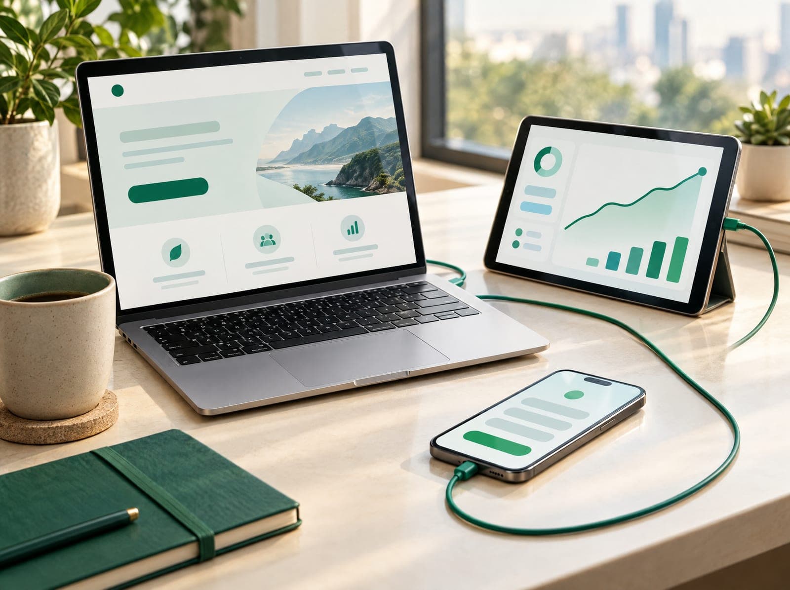 A laptop showing a landing page, a phone showing an enquiry form and a tablet showing a rising results chart, linked by one green cable.